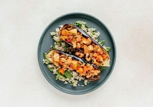 Roasted Eggplant and Tofu over Brown Rice